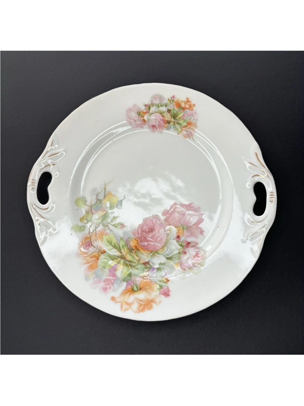 Antique JKW Victorian Austrian 2 Handled Floral Cake Plate Cottage Core Romantic